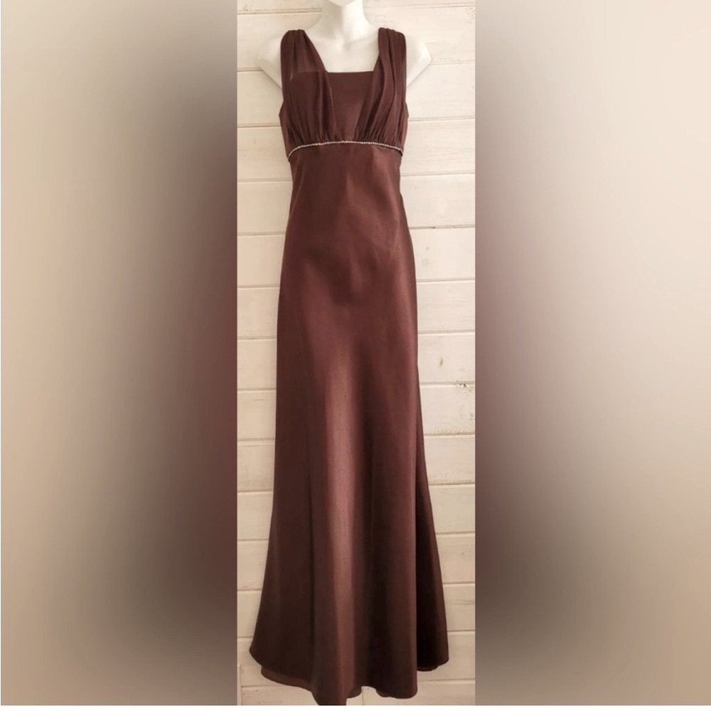 Aspeed  Elegant Brown Sleeveless Embellished Satin Long Evening Gown XL
